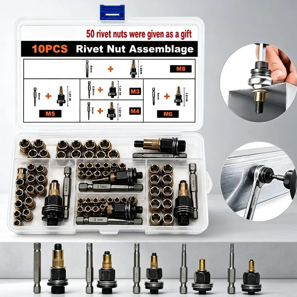 Head Rivet Nut Tool Set  M3-M8 Rivnut Install Kit With Hex Shank Adapter  Manual Riveter Rivnuts Tool For DIY Auto Repair