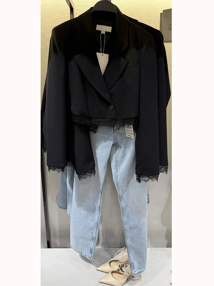 

Black Lace Trim Blazer Shorts Set Women Elegant Full Sleeves Lapel V-neck Loose Fit 2 Piece Outfit New Lady Office Commute Suit