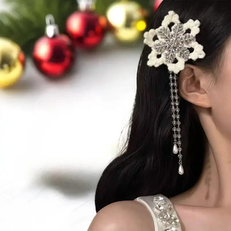 

1 Pair Snowflake Hair Clip Rhinestone Tassel Hair Clip Fluffy Side Clip For Women Girls Temperament Sweet Hair Accessories