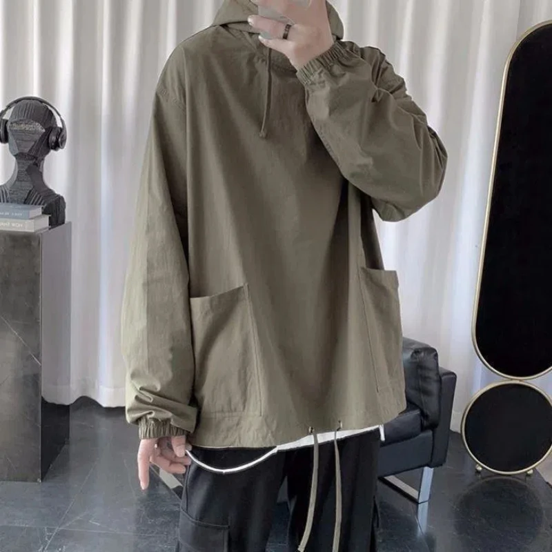 Vintage Simplicity Pockets Patchwork Hoodies Spring Autumn Long Sleeve Solid Loose Trend Tops Tees Korean Fashion Men Clothing