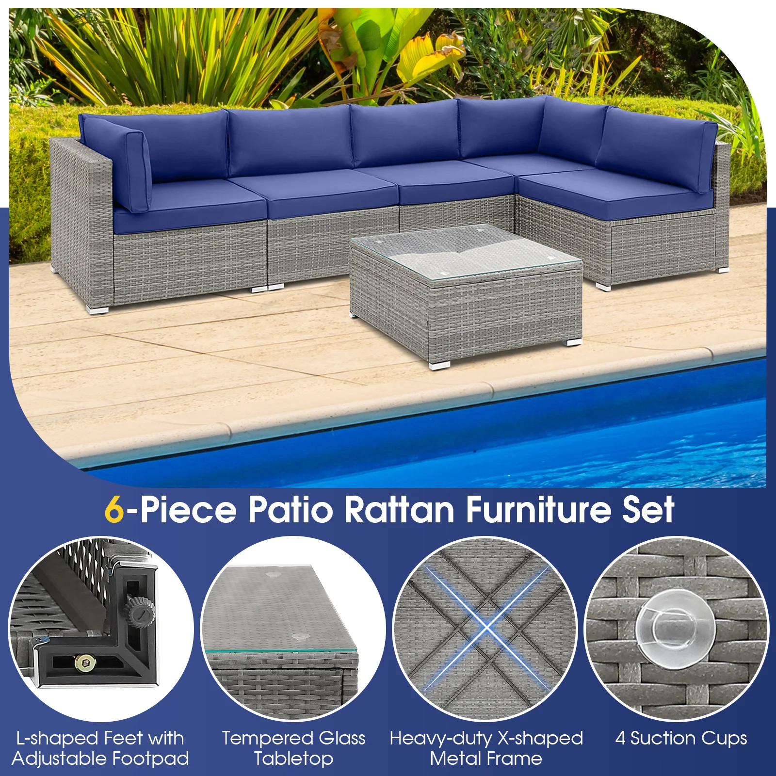 6 Stuks Patio Gesprek Sofa Set Outdoor Rotan Meubelen Stoel Marine Marine