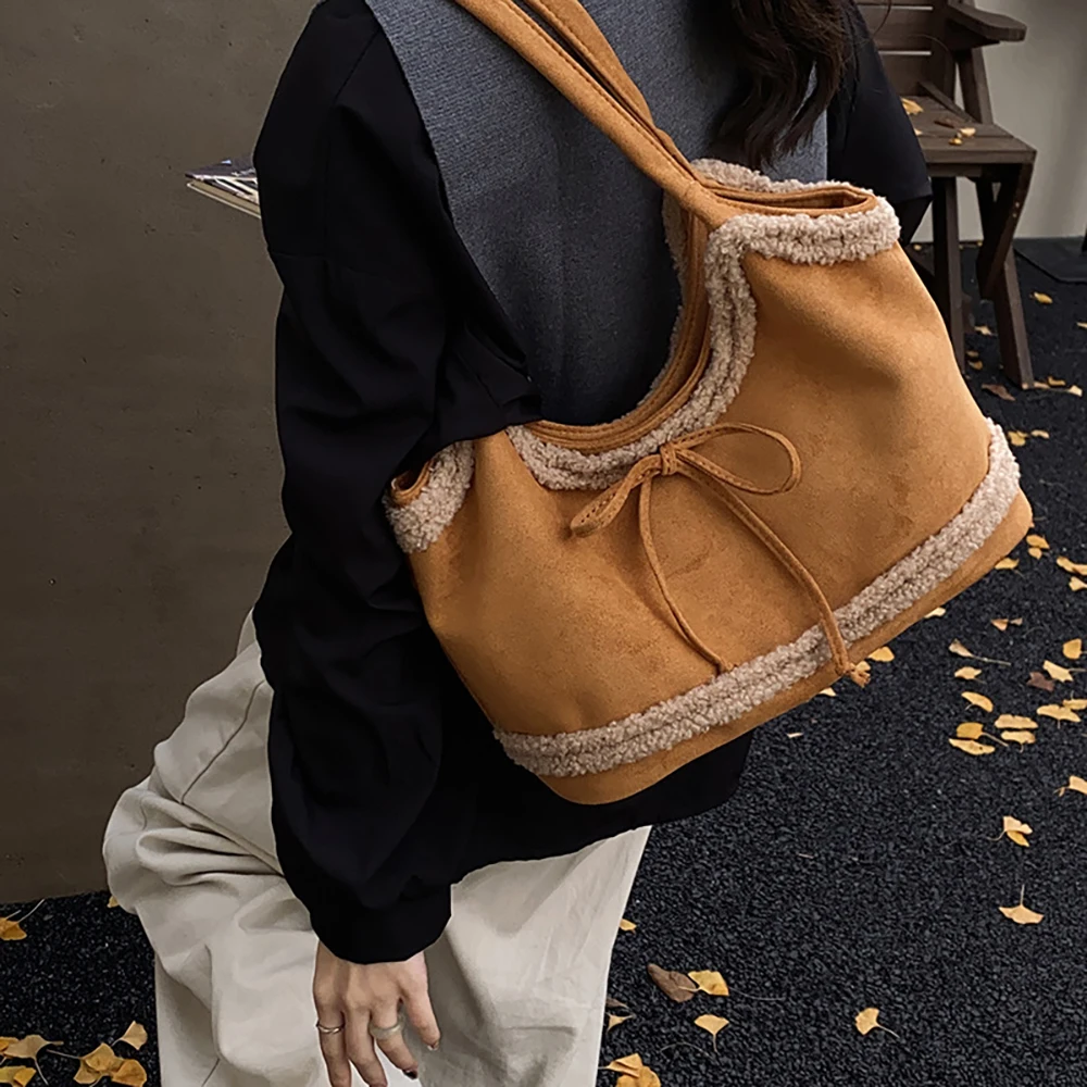 

Универсальная замшевая сумка на одно плечо, осенне-зимняя большая вместительная сумка-тоут из овечьей шерсти в стиле пэчворк, женские повседневные сумки