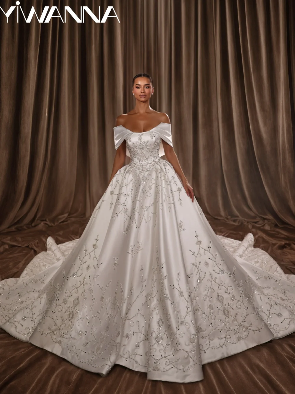 Sparkly Embroidery Beaded Wedding Dress Princess Satin Off Shoulder Bridal Gown Customized Luxury Floor-length Dresses For Bride