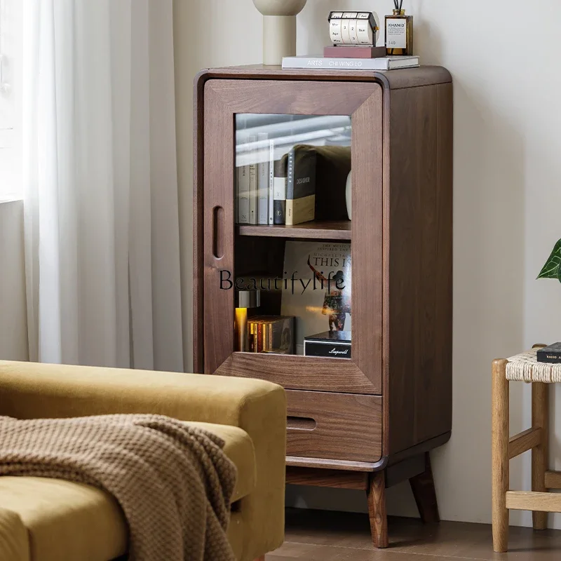 yj21 北米産ブラックウォールナットテレビサイドキャビネットリビングルームガラスドア壁にダイニングルーム収納キャビネット