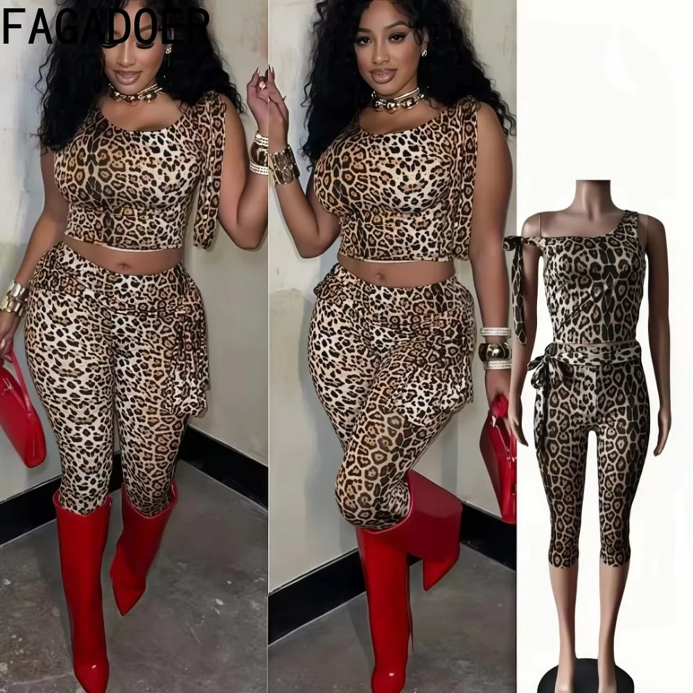 FAGADOER Sexy Leopard Print 2 Piece Sets Women Outfit Sleeveless Bandage Patchwork Crop Top + Pants Suit Female Streetwear 2025