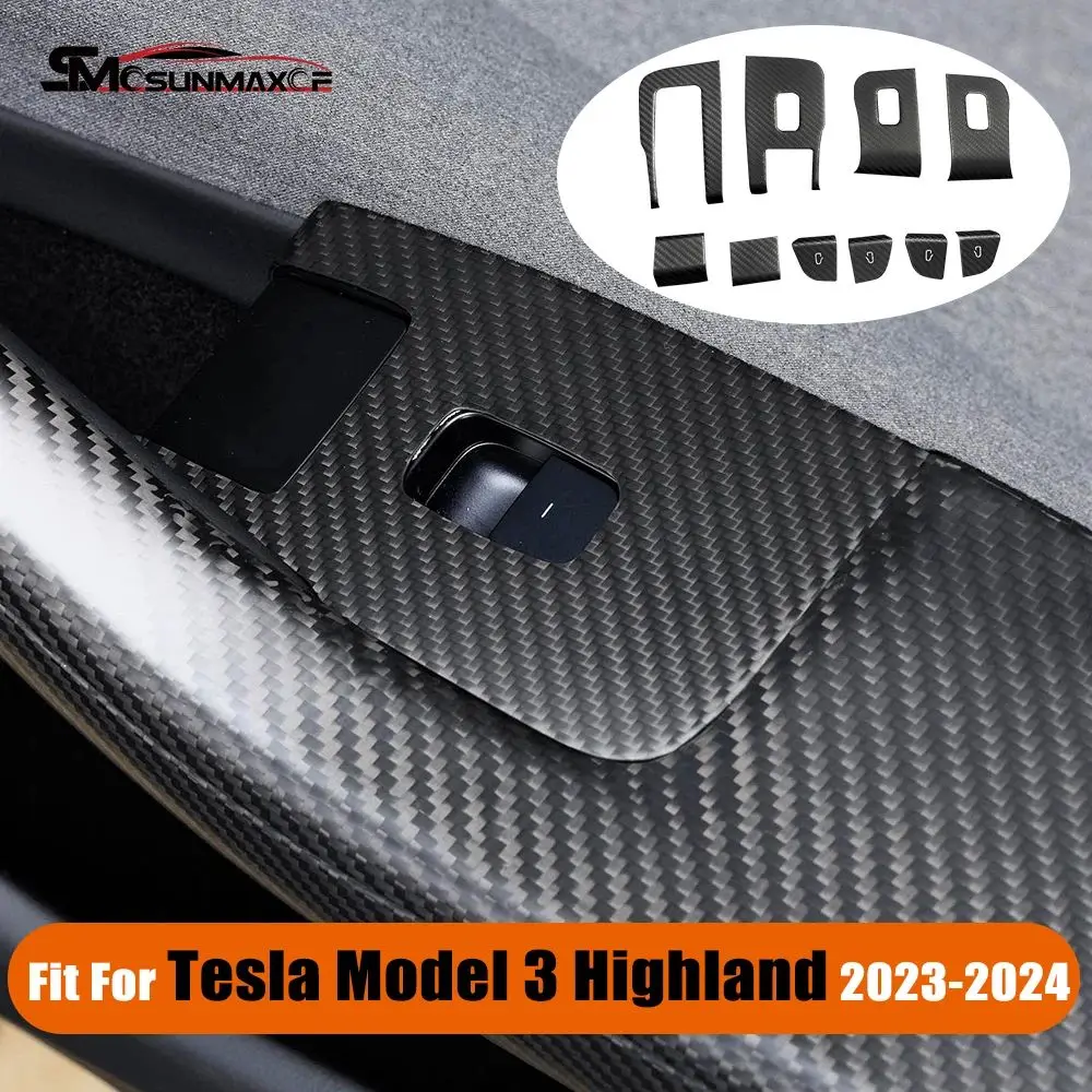 10pcs Real Carbon Fiber Window Lift Button Switch Cover Trim Car Interior Accessories For 2024 Tesla Model 3 Highland