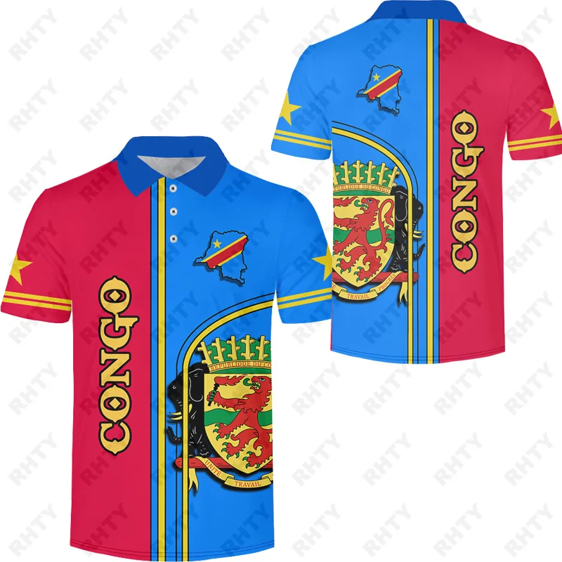 Congo Active Flag Fashion Men\'s Clothing Polo Shirt Casual Turn-Down Collar Zipper 3D Print Short Sleeve Tee Shirt Men Polo Tops