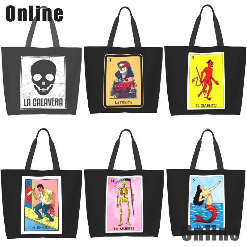 Fashion Tote Colorful Mexican Loteria Cards Shoulder Bag Eco Reusable Shopping Bag Ladies Handbags for Women Men Casual Portable