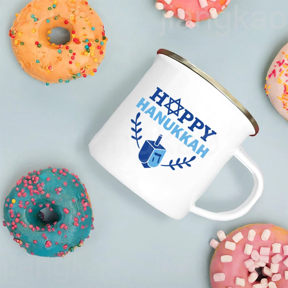 Happy Hanukkah Print Enamel Mugs Coffee Cups Jewish Holiday Party Wine Juice Mug Handle Camping Cup Gift for Family Friends Kids