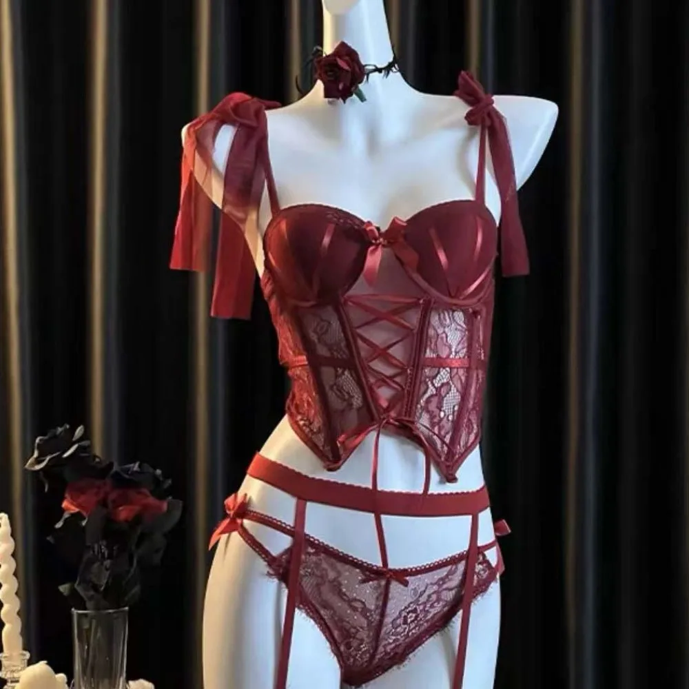 

Passionate Set Lace Camisole Briefs Set Nightgown Hollow Mesh Women Lingerie Uniform Tank Slim Fit Bow Lace Corset Cosplay Party