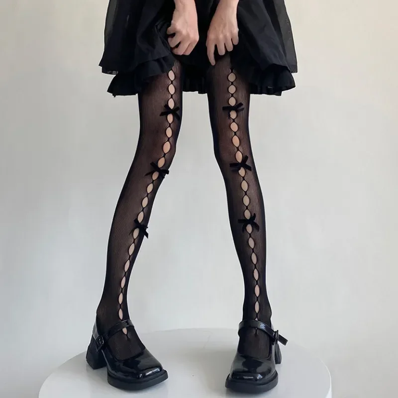 Лолита, косплей, ажурные колготки с бантом для девочек, сексуальные тонкие кружевные колготки Ins Tide, носки в стиле аниме, черно-белые ажурные шелковые чулки