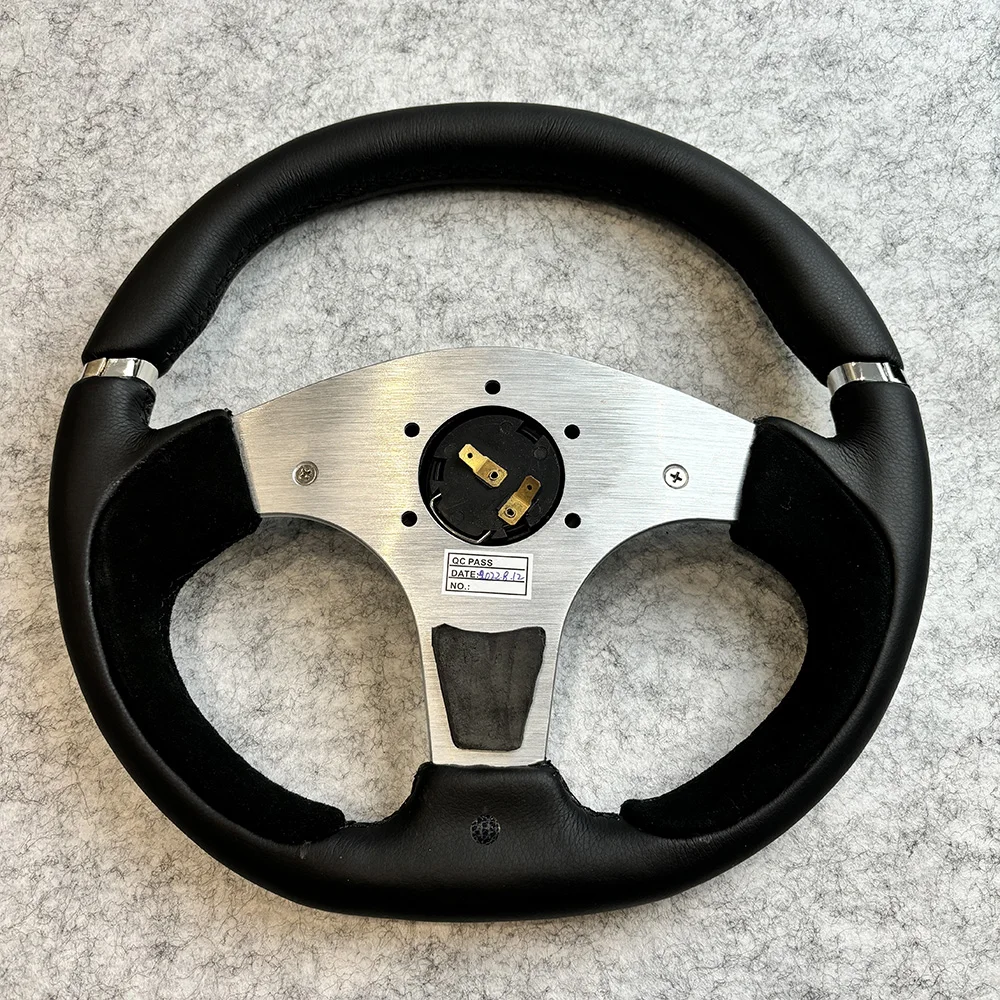 New Design Car Steering Wheel Black Leather and Suede Patchwork Steering Wheel 350mm Flat Bracket Racing Steering Wheel