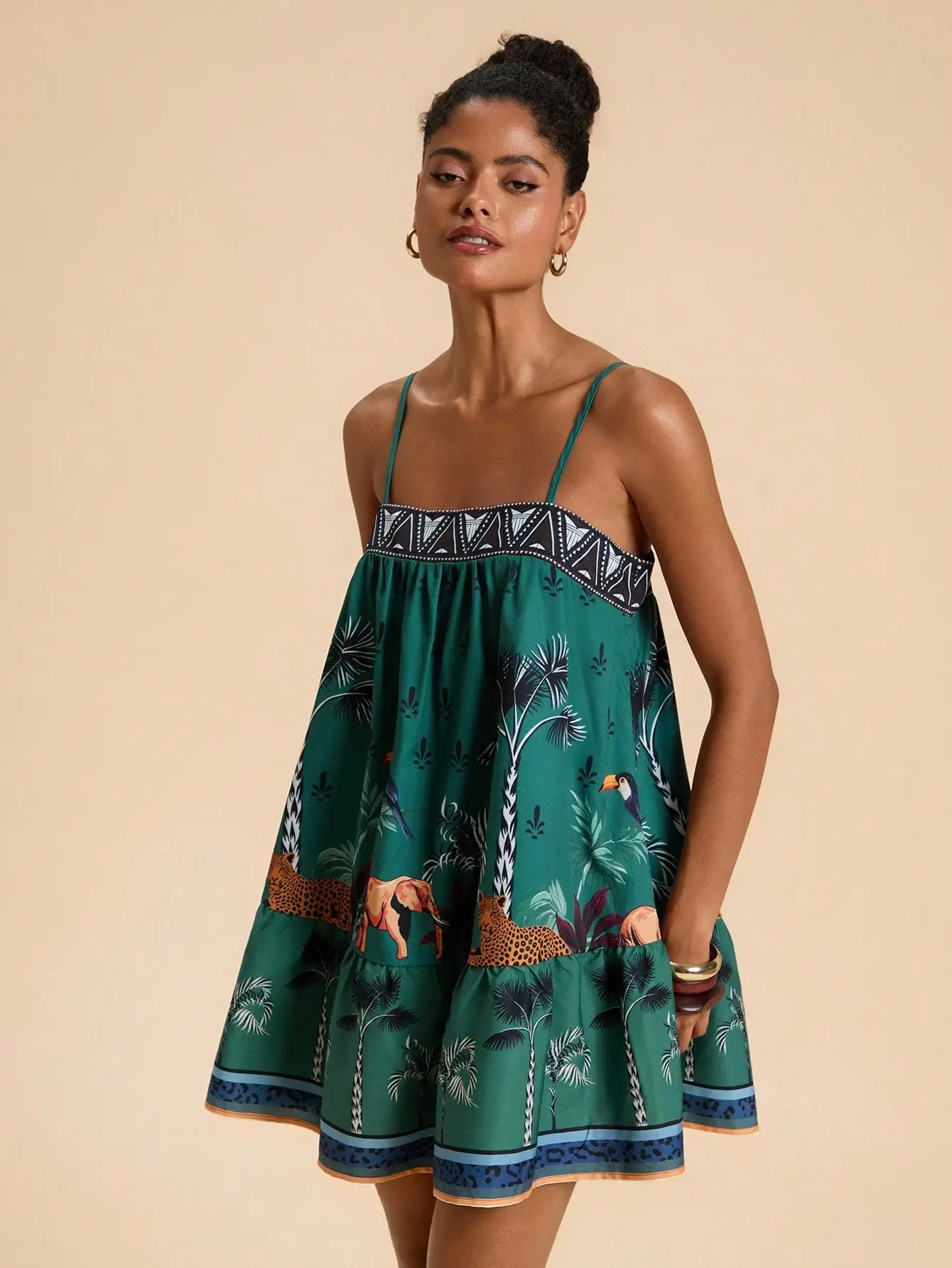 

Women's Tropical Print Spaghetti Strap Ruffle Hem Mini Dress