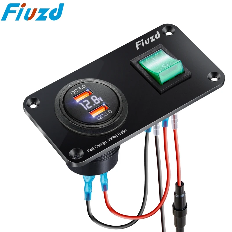 

12V QC3.0 Dual USB Charger Socket Panel with LED Voltmeter Switch Waterproof Cigarette Lighter Splitter for Car Marine Golf Cart