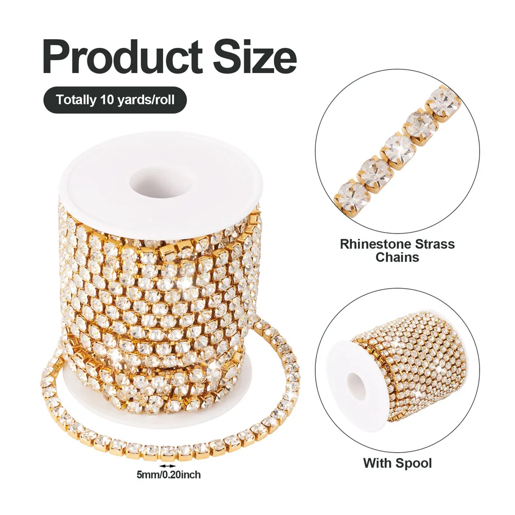 10Yard 5mm Brass Rhinestone Strass Chains Rhinestone Cup Chains Glue-On Claw Chain for Jewelry Making Dress Clothing Decoration