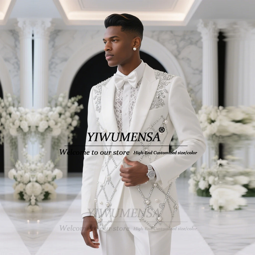 

Italian Design Single Breasted Prom Tuxedos Customized Beaded Stones Wedding Groom Suits Slim Fit 2 Pieces Man Banquet Clothing