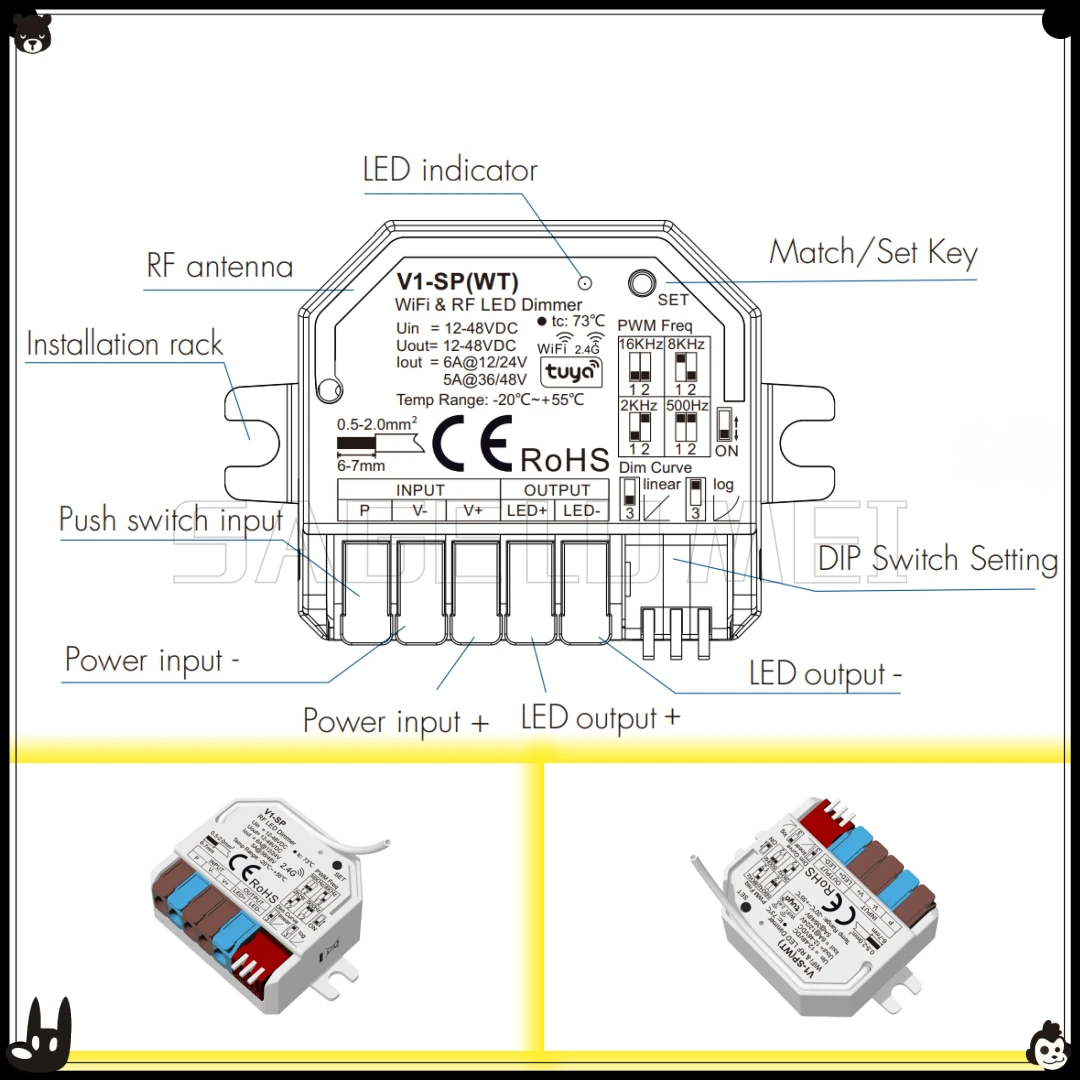 

Skydance Mini постоянное напряжение 1CH * 6A 12-48VDC Wi-Fi и RF CV контроллер V1-SP (WT) Tuya App светодиодный контроллер затемнения для светодиодных лент