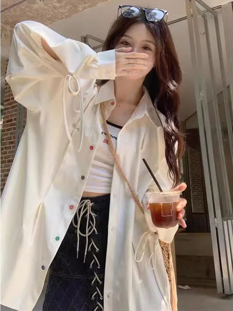

Loose plus Size Women's Long Sleeve Shirt Jacket Spring Summer Thin Casual Pure Color Breathable Polyester Fiber Korean Style
