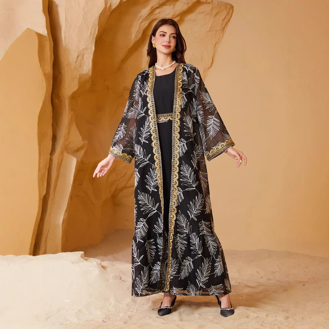Nc41 Arabo Dubai Estate Elegante Maglia Ricamo Patchwork Nastro Dorato Musulmano Set a Due Pezzi Ramadan Dubai Lusso Islam Elegante