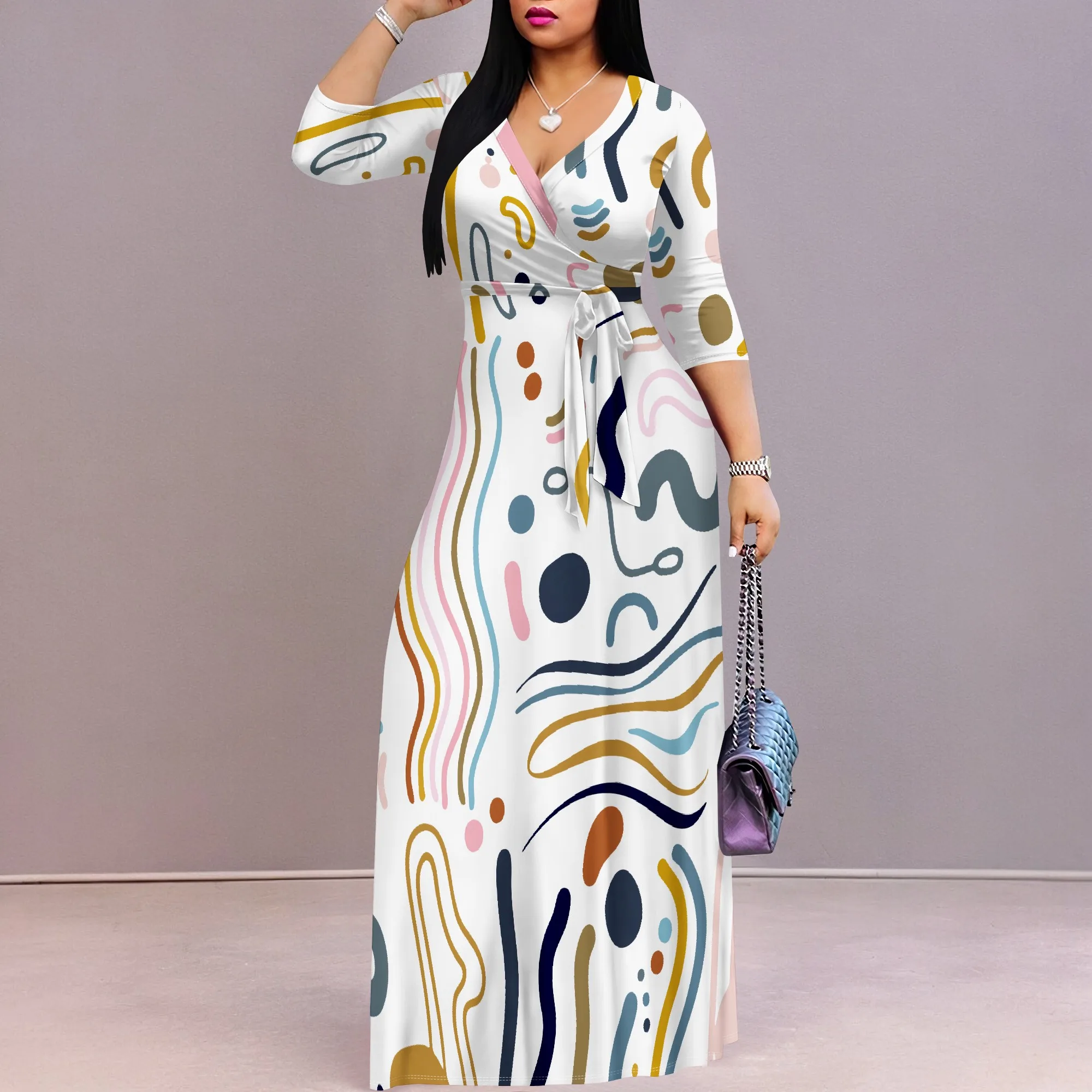 Seksowna sukienka damska z krótkim rękawem i dekoltem w szpic Boho Long Dress Fashion Printed Split Hem Club Party Casual Vacation Maxi Dress