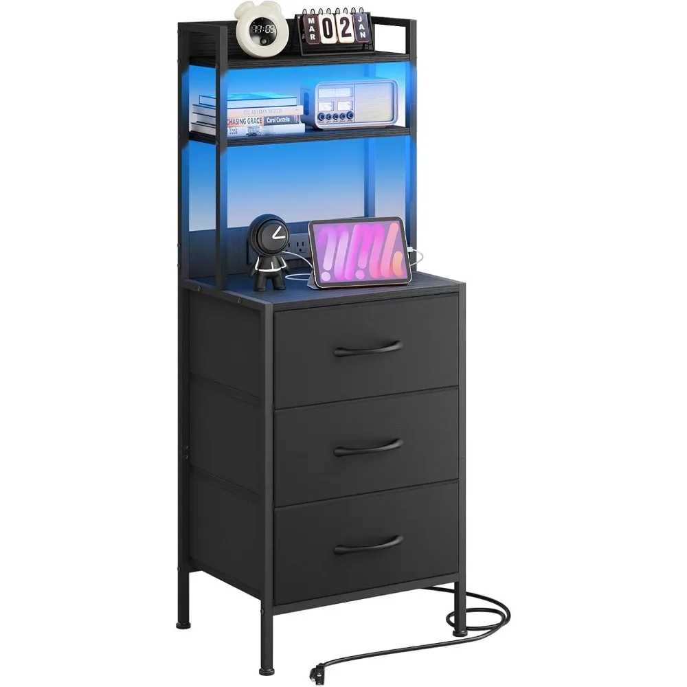 41 Inch Tall Nightstand with Charging Station, Led Night Stand with U-S-B Port & Socket, 3 PU Finished Fabric Storage Drawers