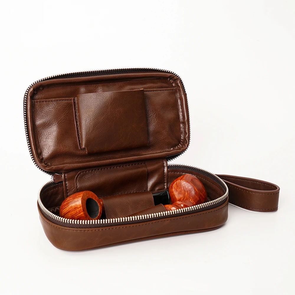 

MUXIANG Portable Genuine Leather Tobacco Pipe Bag Can Hold Two Pipes Deodorant Maintenance Pipe Bag Zippered Crossbody Bag