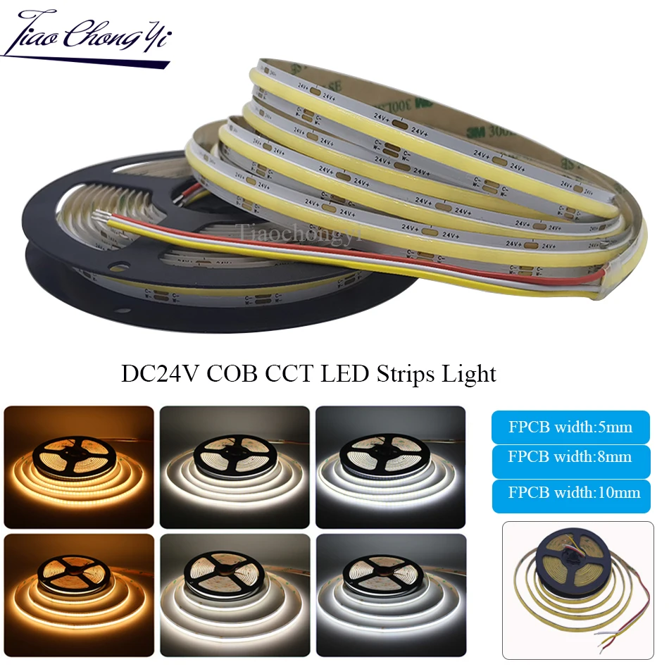 CCT COB Dual Colour LED Light Strip High Density Warm Cool White Dimmable Linear Lights 24V 576leds/m LED Flexible Tape Rope