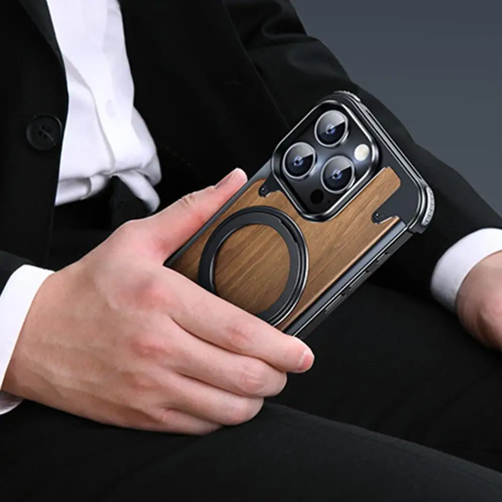 

Luxury Walnut Wood Magnetic Phone Case For IPhone 16 Pro Max 14 15 Cover 360 Degree Rotating Metal Stand Holde K0X1