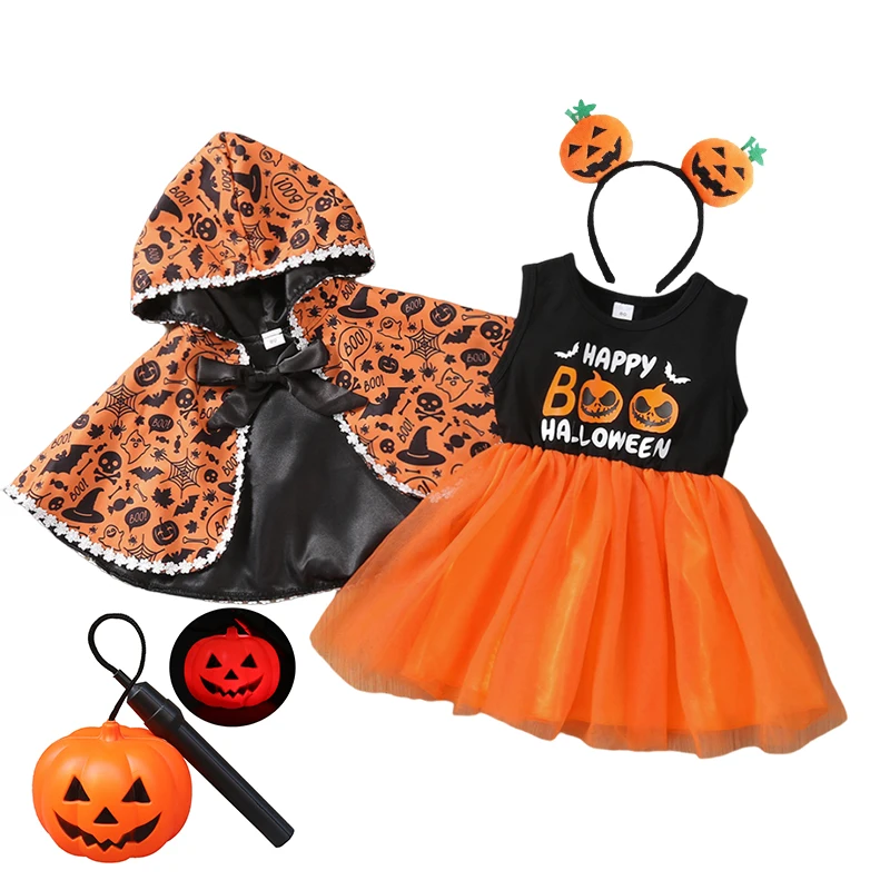 

Pumpkin Cosplay Baby Girls Halloween Clothes Dress + Cloak Sets Hooded Coat Autumn Baby Girl Outfit New Party Clothes