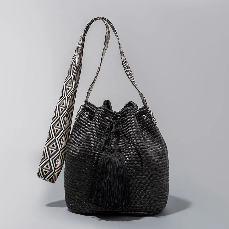 Women's New Summer Seaside Vacation Grass Woven Drawstring Crossbody Bag Multi-Functional Bucket Purse Handbag For Daily Commute