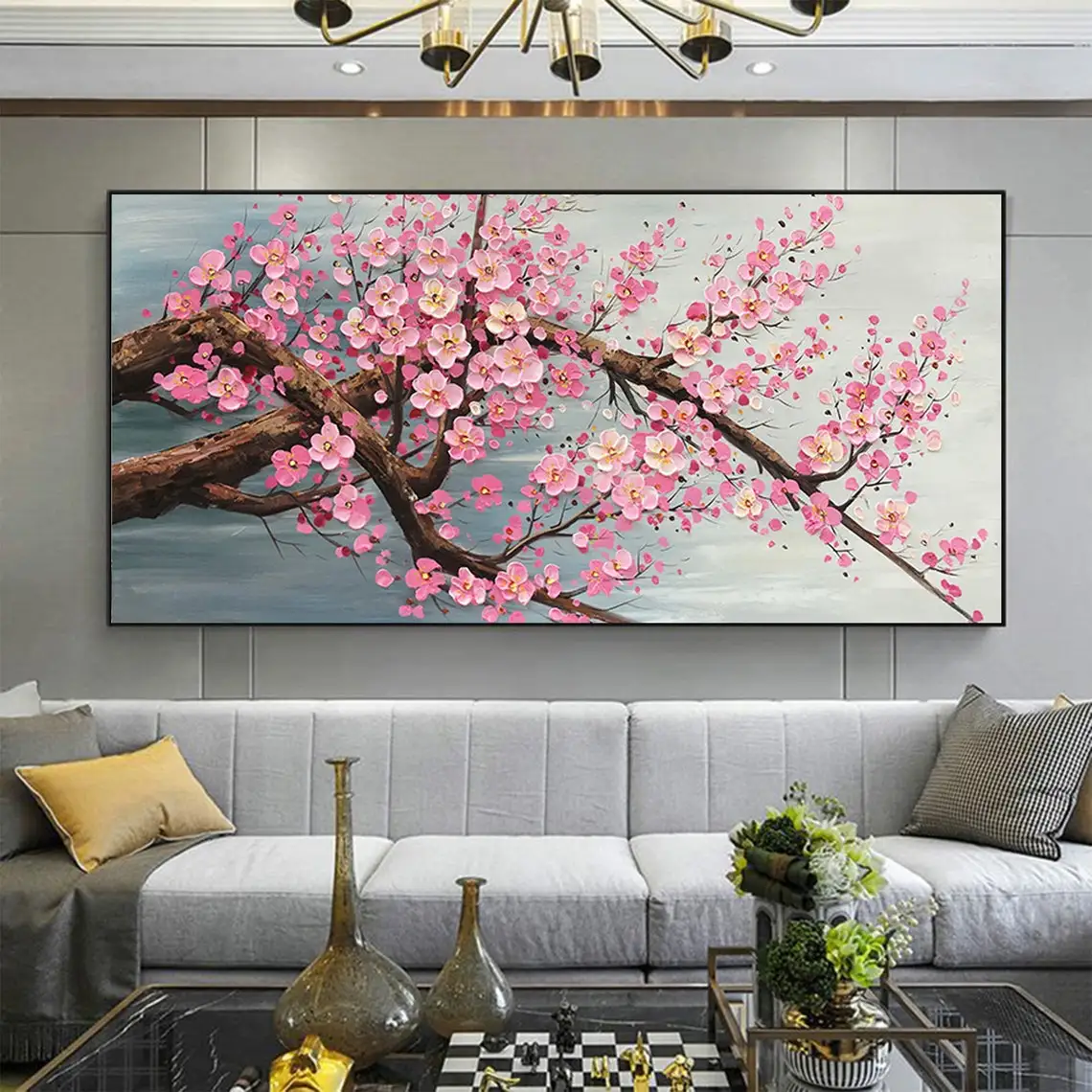 Pink Cherry Blossom Canvas Wall Art Paintings Textured Palette Knife Painting Blooming Floral Modern Living Room Home Wall Decor