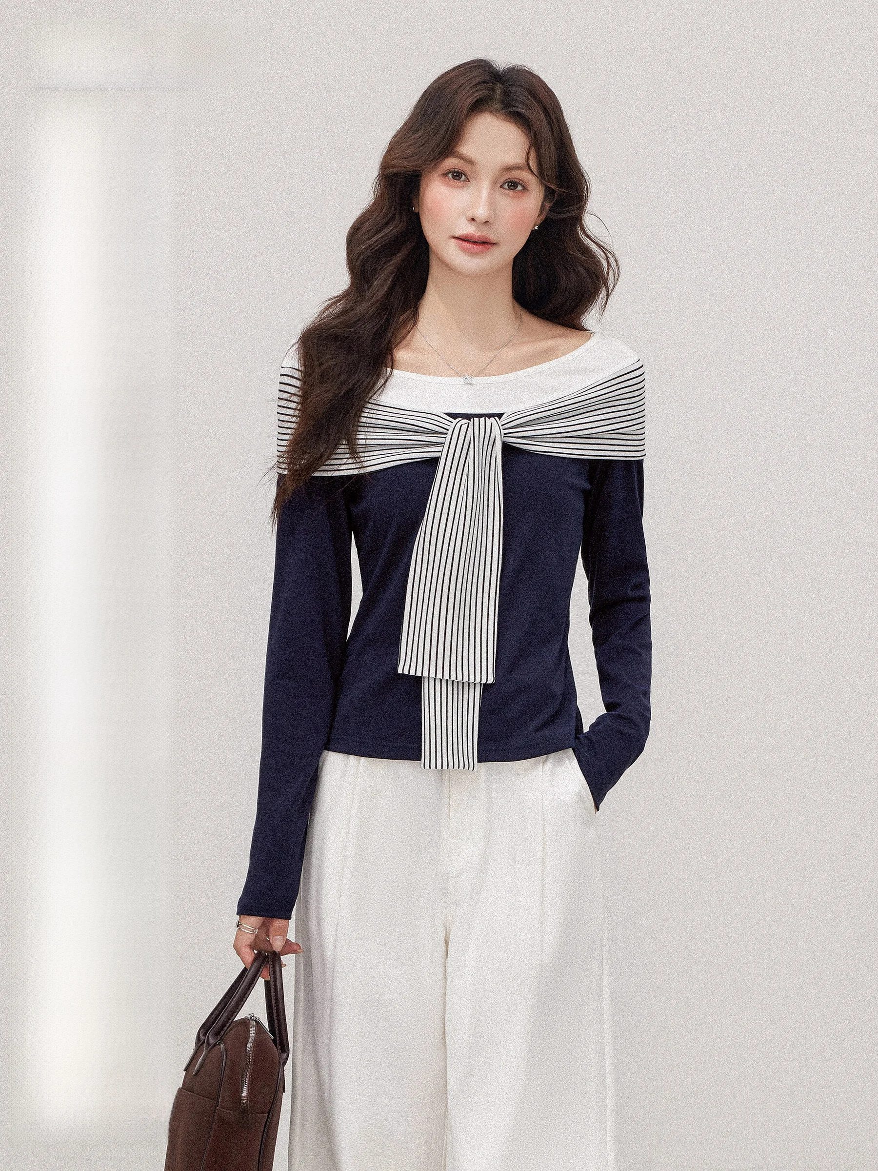 

Облегающая полосатая лоскутная футболка с длинным светом, женская ранняя осень, дизайн, топ на одно плечо, повседневный, обычный, тонкий