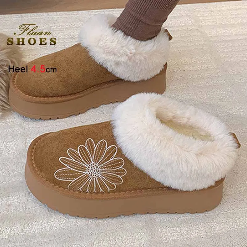 

2026 Новые зимние женские зимние ботинки верблюжьего цвета с круглым носком из искусственной замши, меховые ботинки с толстой подошвой 4,5 см, теплые ботинки, размер 35-40