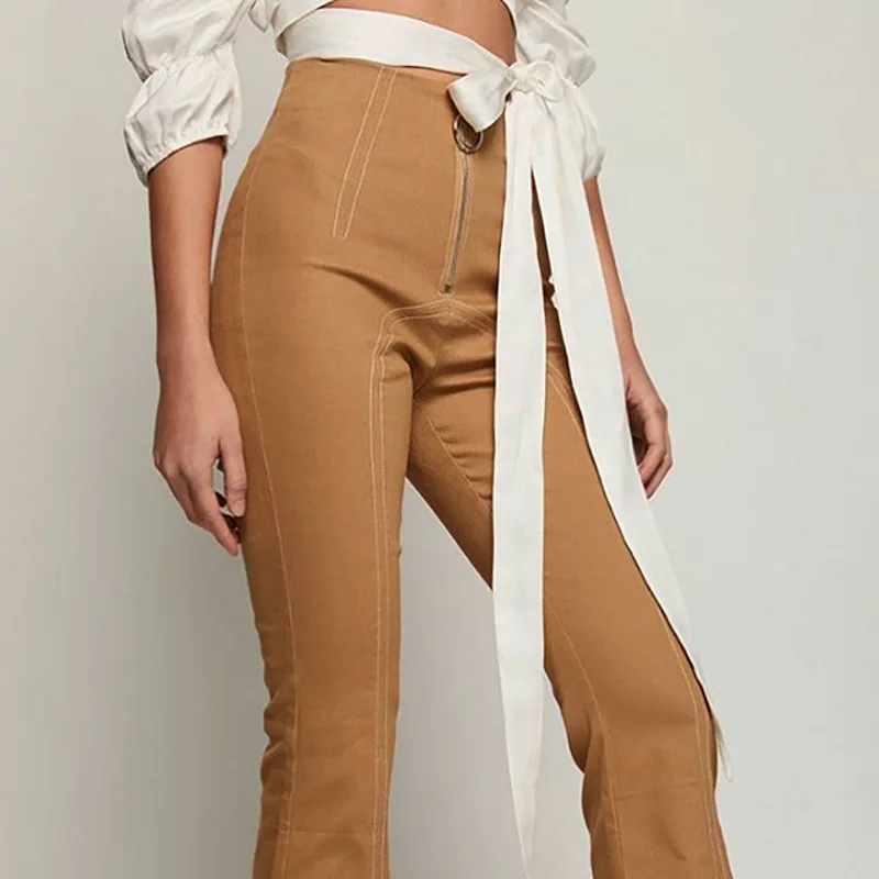 

2024 New Women's Spring and Autumn New High-waist Zipper Casual Pants Women's Slim Slimming Split Stitching Bell Bottom Pants