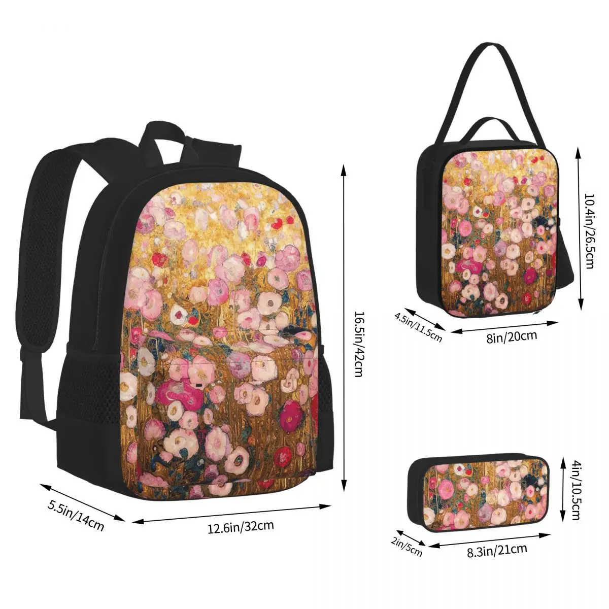 Gustav Klimt Pink Flower Garden Backpacks Students Bookbag School Bags Kids Rucksack Lunch Bag Pen Bag Three-Piece Set