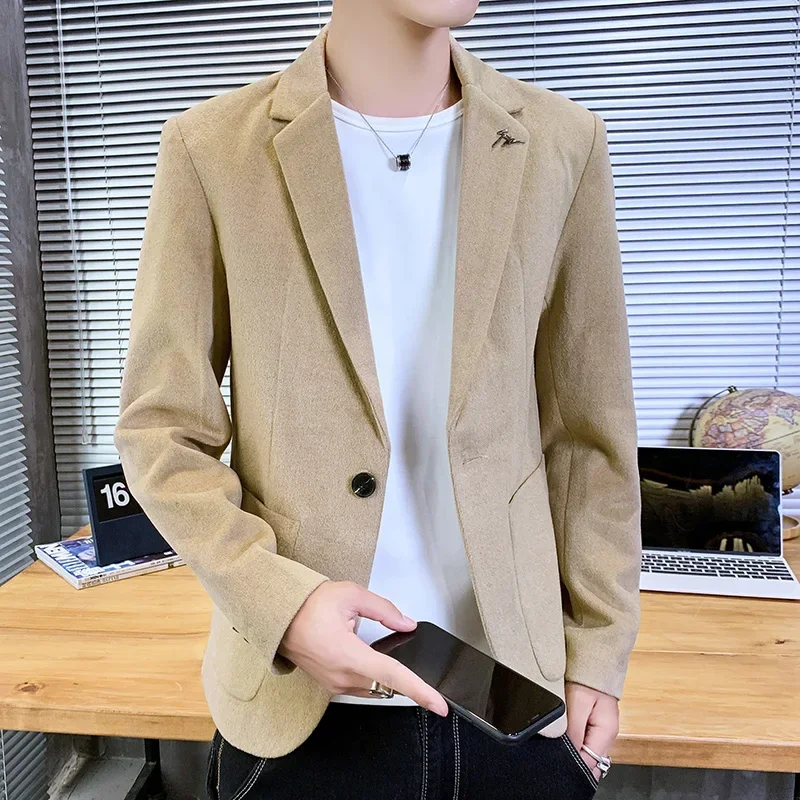 2023 New Men's Business Fashion Gentleman Korean Version of A Solid Color Small Suit Slim British Style Casual Everything Blazer