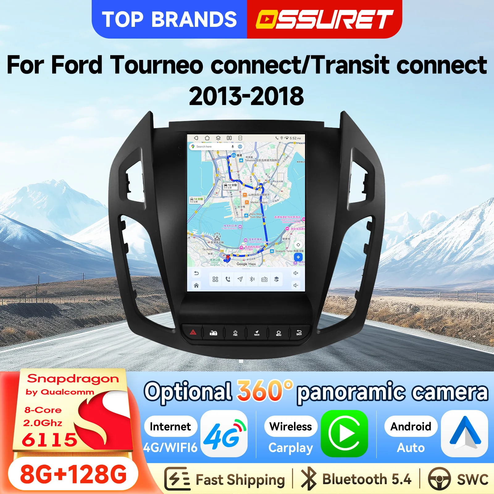 Ossuret 9,7'' 2 Din Android 15 CarPlay Android Auto 6115 Autoradio pour Ford Tourneo connect/ Transit connect 2013-2018 Plug&Play Navigation GPS RDS DSP Audio Bluetooth Écran intelligent AI Lecteur multimédia vidéo WIFI 4G SWC 360 °   Système intelligent de caméra embarquée