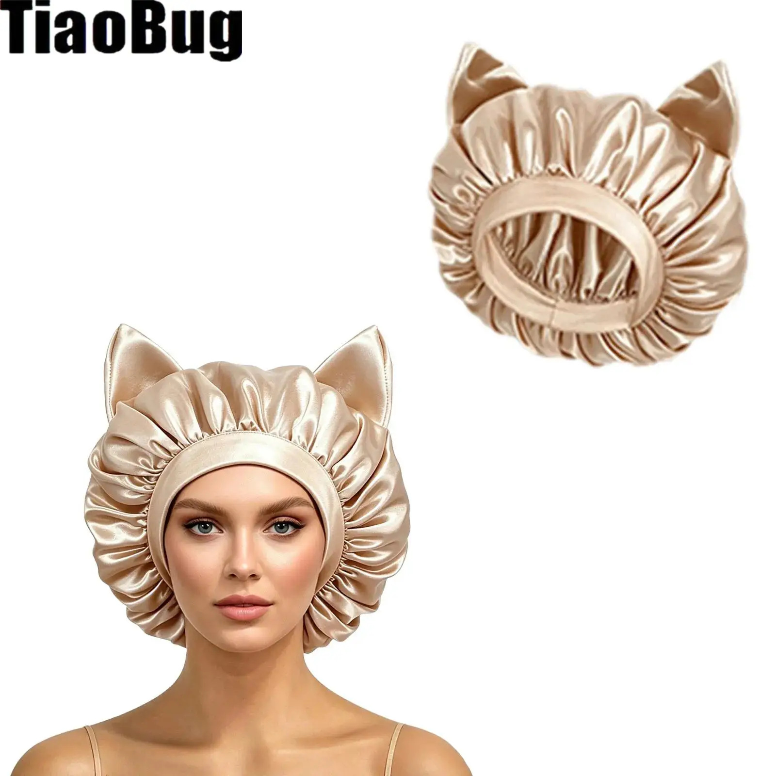 Women Elastic Band Sleeping Hat Cat-ear Satin Nightcap Double Layers Breathable Hair-protecting Bonnet