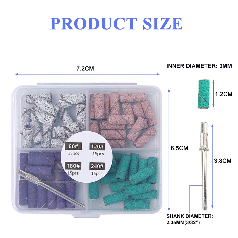 Faixas de lixamento de unhas de 3mm, grãos mistos 80/120/180/240-com 1 peça de eixo para broca elétrica de unhas, kit de manicure e pedicure 60 peças