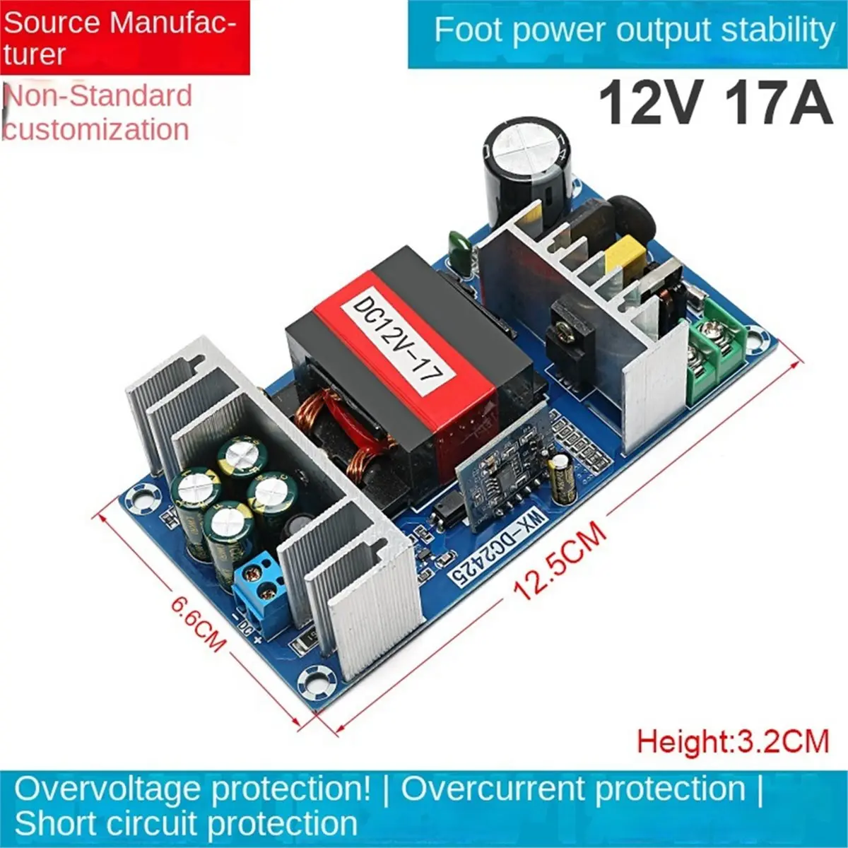 (ABGQ) 12V 17A Industrial Switch Power Supply Board AC 110-220V to DC Constant Voltage Step-Down Transformer for Industria