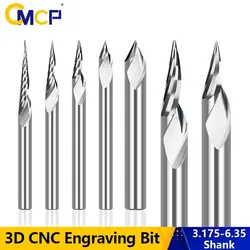 CMCP 3D Gravür Bit 3.175 4 6 6.35mm Shank CNC Router Bit Karbür End Mill V Yuvası Bit Freze Kesici Ağaç İşleme için