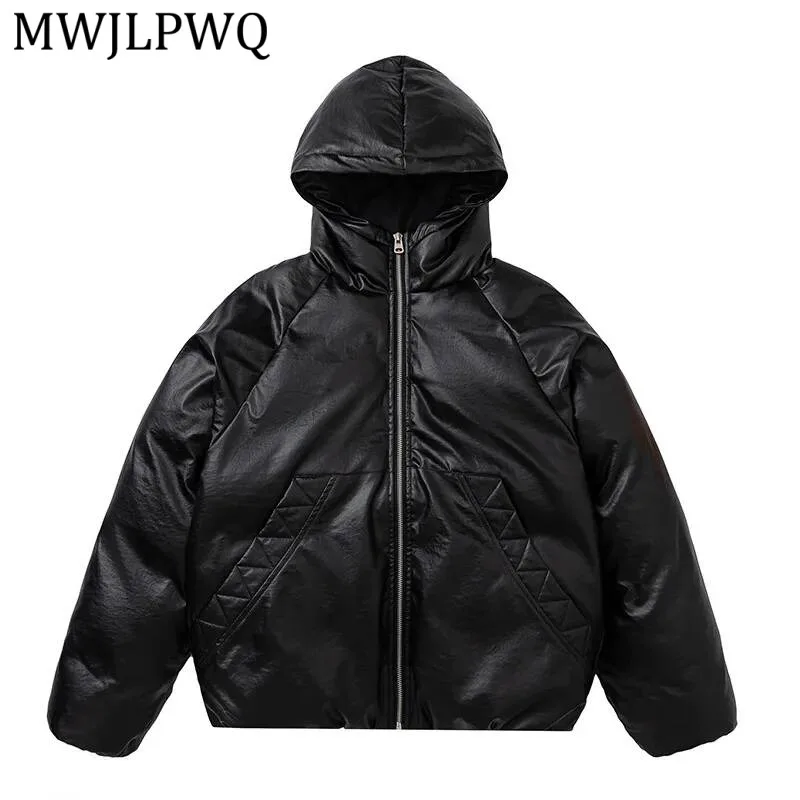 

MWJLPWQ American Style Thick Leather Feel Jacket Male New High Street Solid Color Hooded Winter Men's Casual Cotton Coat 22046