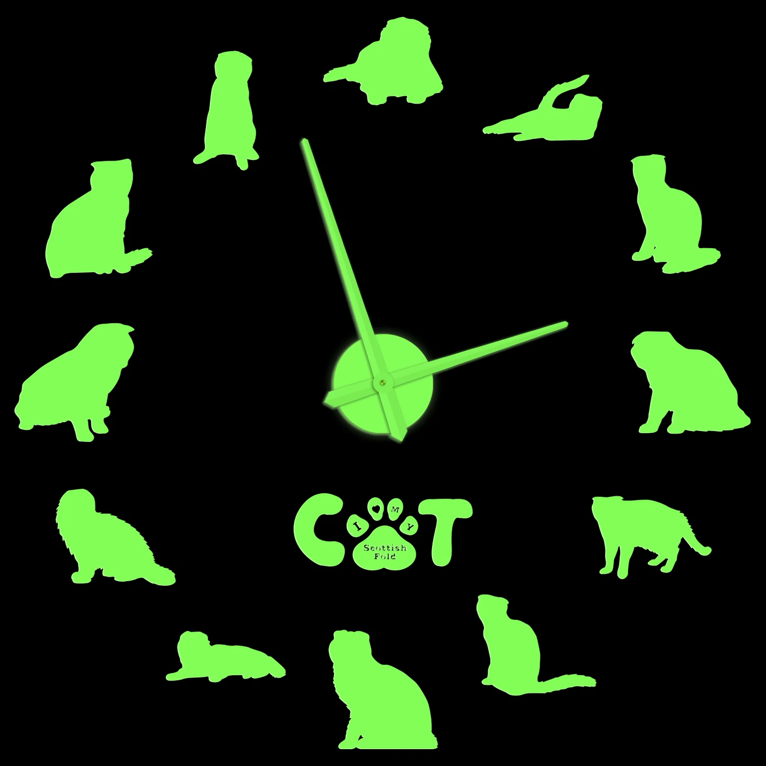 Scottish Fold Cat Breed Oversized DIY Stickers Wall Clock Glow In Dark Lazy Kitten Animal Modern Design Illuminated Wall Watch