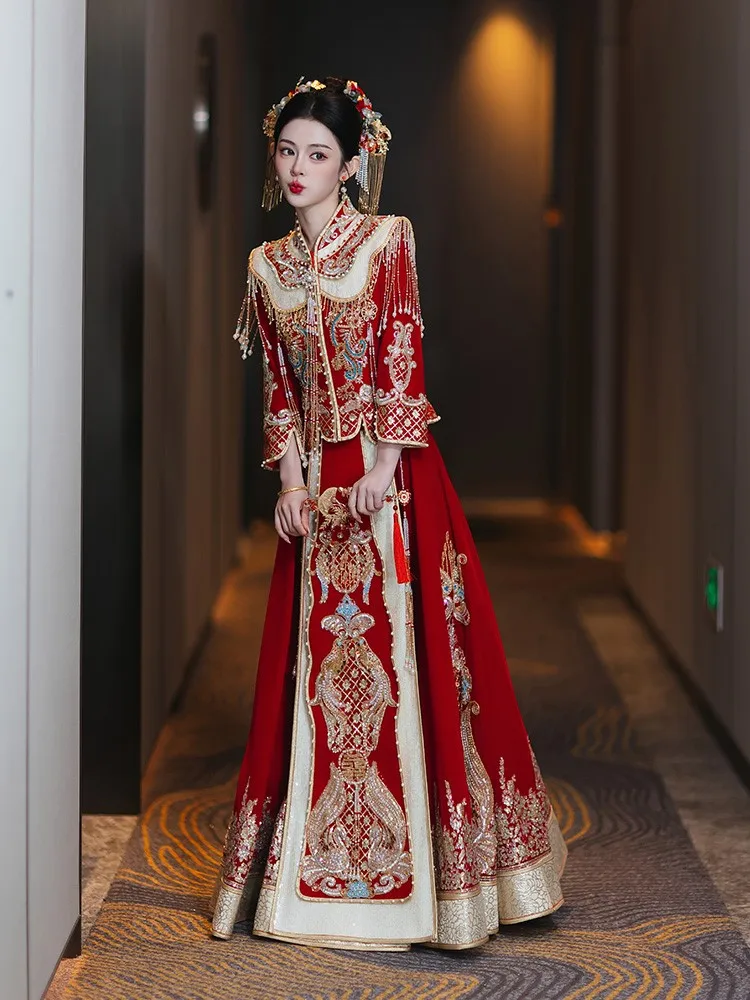 

Новое свадебное платье в китайском стиле для невесты, корона Феникса и красная накидка, элитный заказ