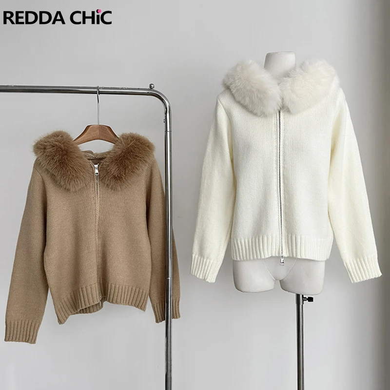 ReddaChic Faux Fur Collar Hooded Cardigan Sweater Women Zip-up Long Sleeve Solid Lounge Loose Knit Jacket Fall Winter Outerwear