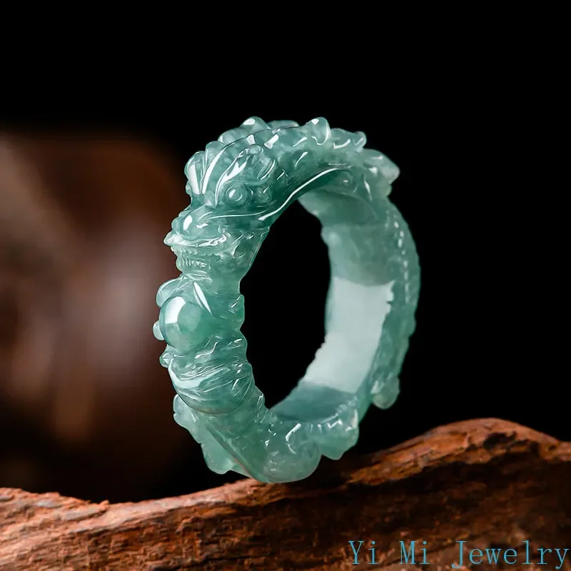 

Natural A-grade Jade Ring, Blue Water Dragon King Ring, 3D Sculptured Ice Jade Jade Ring, Leading Ring, Male Ring