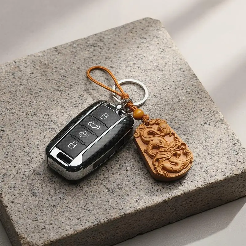 Natural Peach Wood Chinese Zodiac Keychain Hand Carved Lucky Blessing For Daily Use Gift For Friends Family