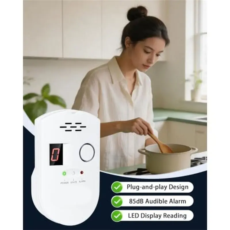 AT82-Natural-Gas-Detector With Plug-In Design Gas-Leak-Detector With Portable Gas-Monitor For Home, Real Time LED Display UK Plu