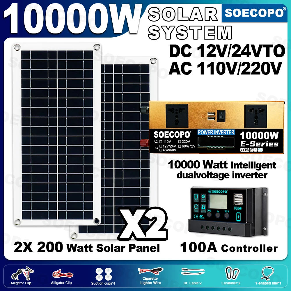

SOECOPO 10000W Complete Solar Kit 2×200W Panels 100A Controller DC 12V/24V To AC 110V/220V Inverter Ideal for Home Camping Car