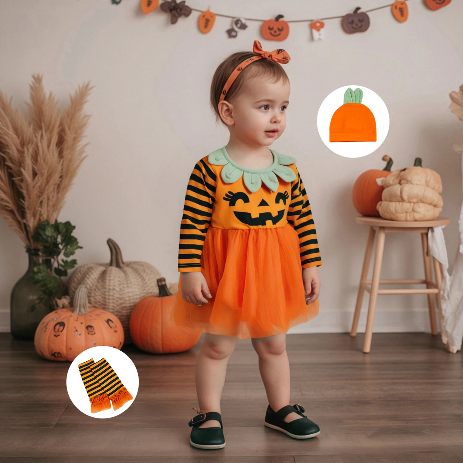 

Baby Girl Halloween Clothes Pumpkin Print Long Sleeve Round Neck Romper Dress with Hat and Leg Warmer